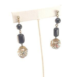 Vintage Black and Gold Drop Earrings With Multicolor Beaded Orbs